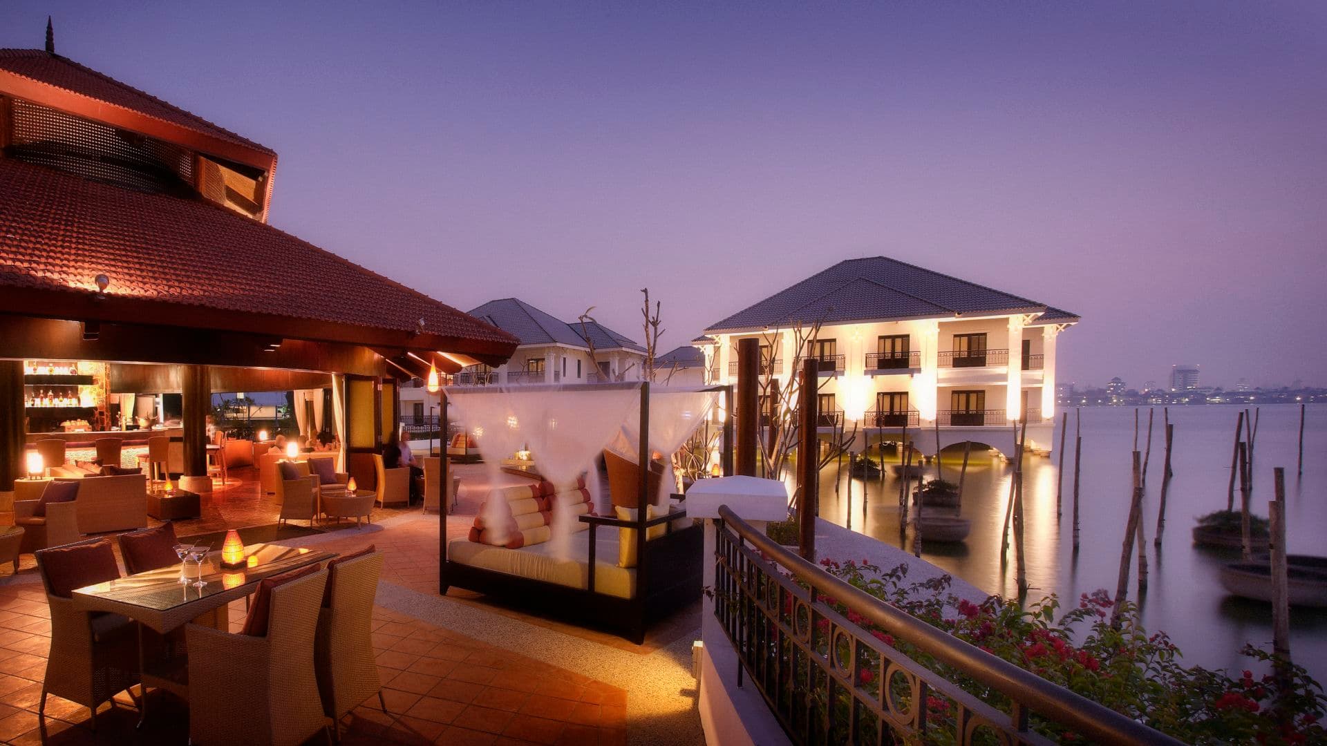 Overwater accommodation at night